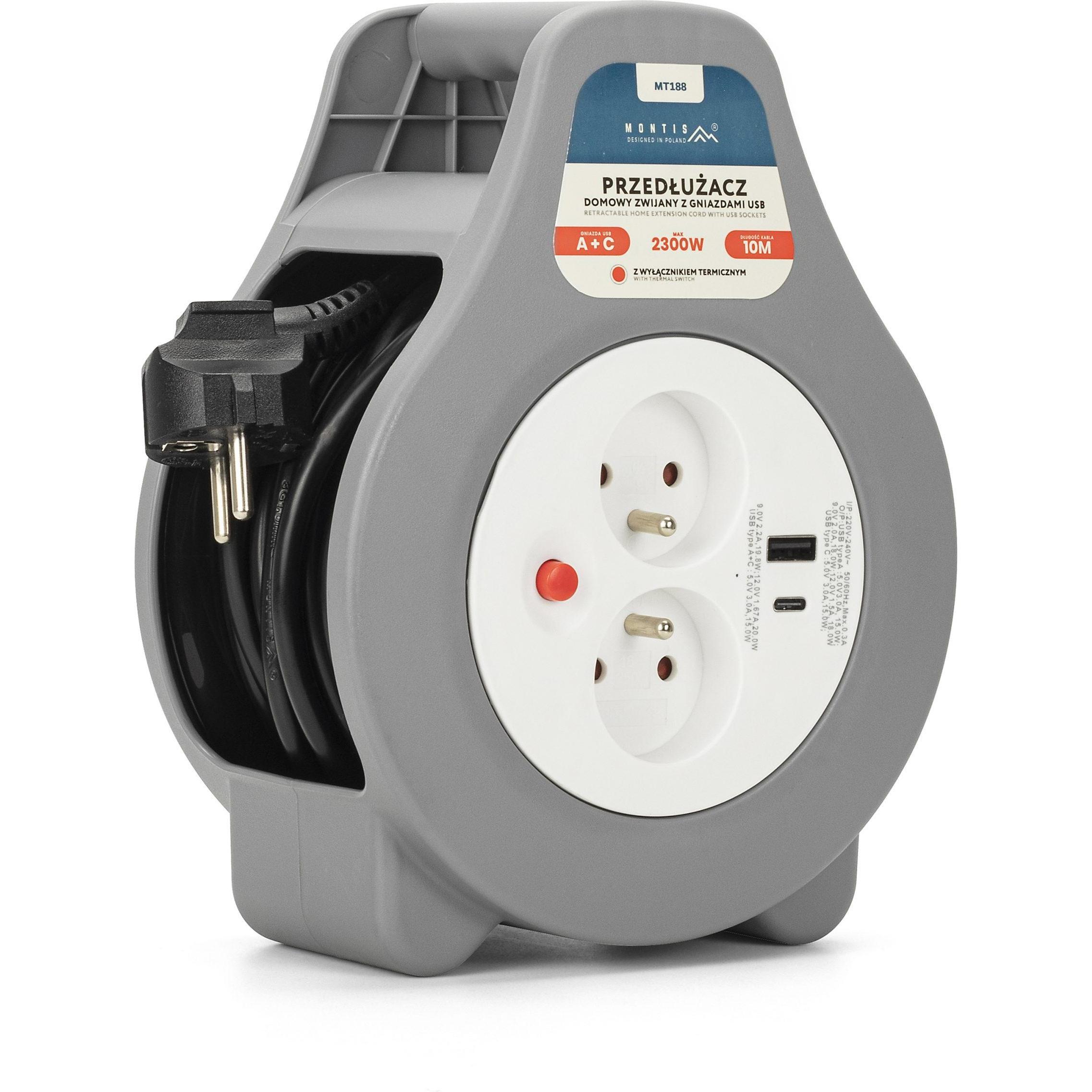 Montiss, Avvolgicavi, Montis Przedłużacz bębnowy z bezpiecznikiem termicznym 2-gniazdowy z USB-A + USB-C 10m MT188-10 (10 m, 1 mm².)