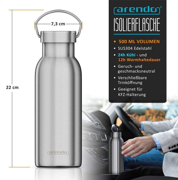Produktbild Arendo Thermosflasche 500ml, Isolierflasche Edelstahl, doppelwandig, Griff, Thermo Trinkflasche, BPA-frei (0.50 l)