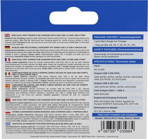 Produktbild prio Fast Charge Autoladegerät 45W PD (USB C) + 45W (USB A) schwarz
