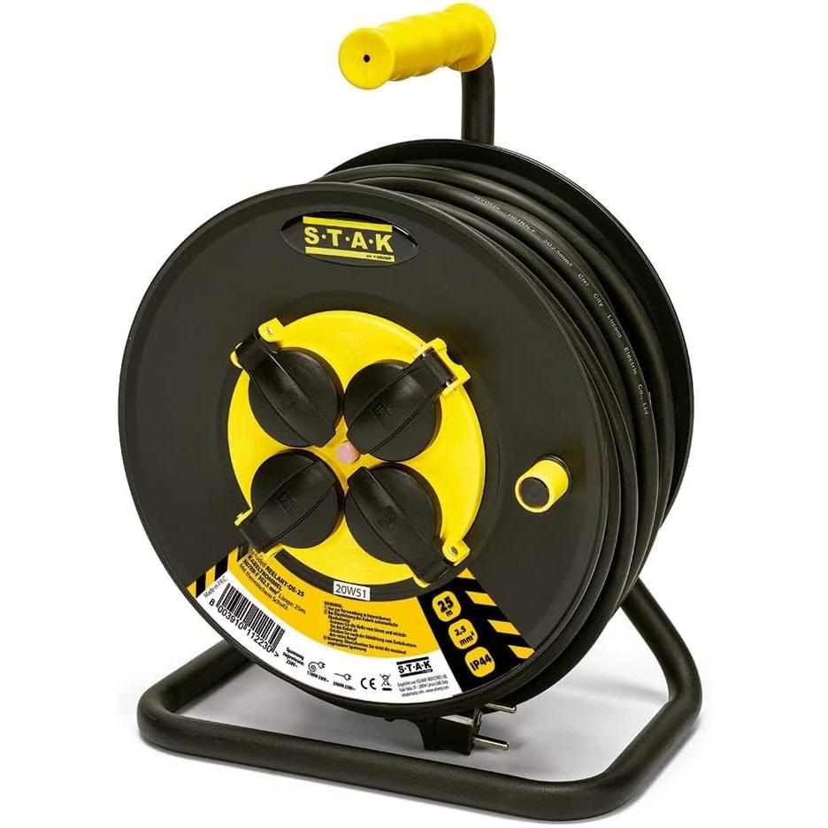 S.T.A.K, Avvolgicavi, Professional electric cable reel 4 sockets and Schuko socket H07RNF3G25MM2 25M GS TUV IP44 (25 m, 2.50 mm².)