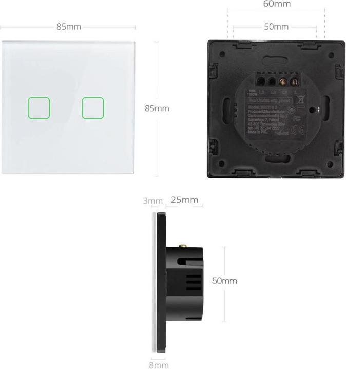 Immagine prodotto Maclean Interruttore intelligente WiFi a 2 tasti compatibile con Tuya APP Interruttore a parete