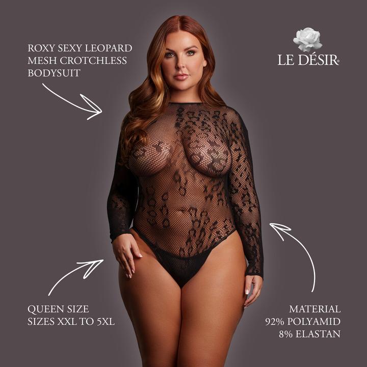 Produktbild Le Désir Roxy - Sexy Leopard Mesh Crotchless Bodysuit - Queen Size - Black (3XL, 4XL, 5XL, XXL)