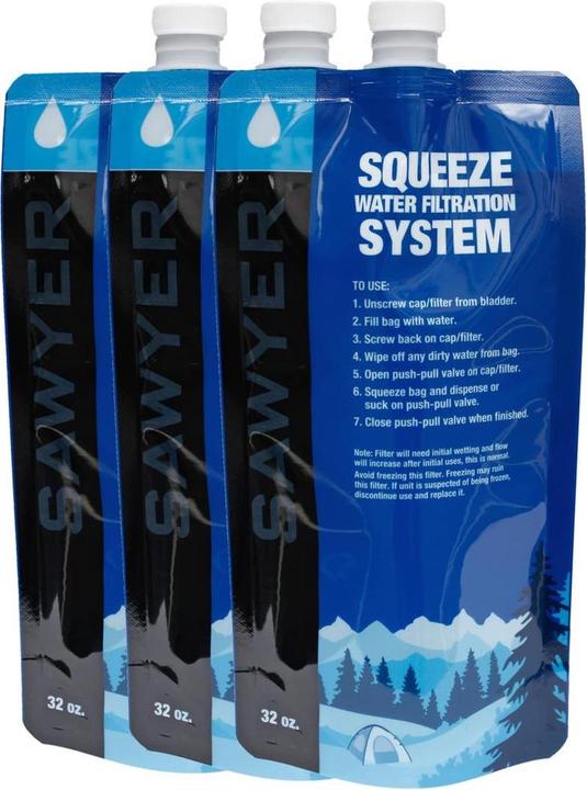 Sawyer Squeeze Water Filter Foldable Drinking Bag Set, Blue (3 x 1L SP113)