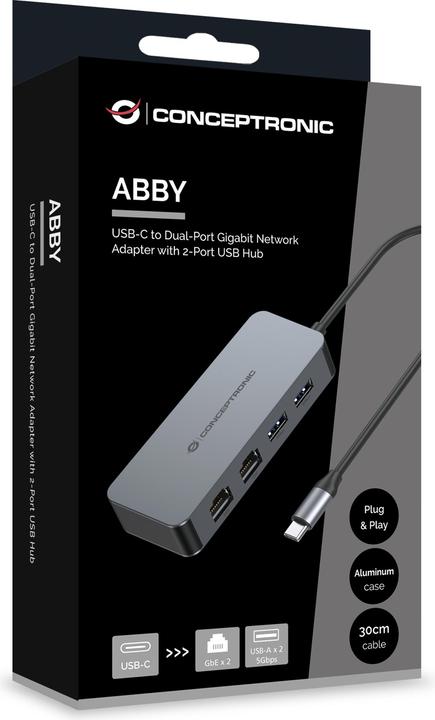 Actual product image Conceptronic Adapter USB-C->2xRJ45+2xUSB-A3.2 5Gbps (USB-C, 2 ports)