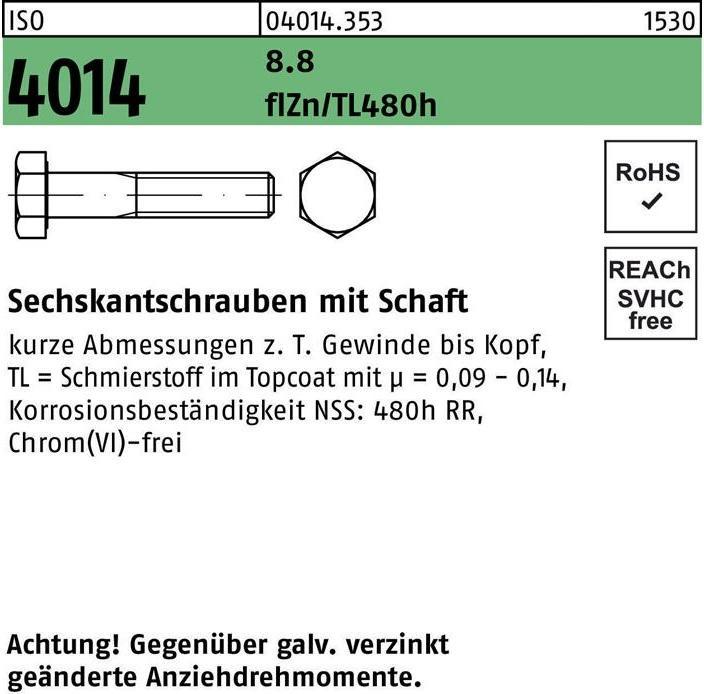 Produktbild Sechskantschraube ISO 4014 m.Schaft M 20 x 180 8.8 zinkbesch. Gleitmittel flZnnc 480h-L (10 Schrauben pro Stück)
