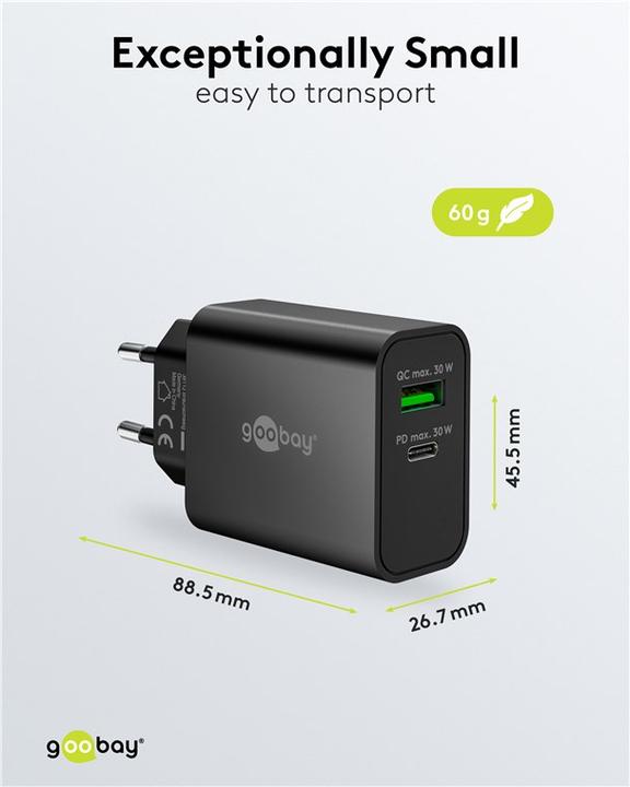 Immagine prodotto Goobay USB-C PD GaN Dual-Schnellladegerät 30 W schwarz (30 W, 2 porte)
