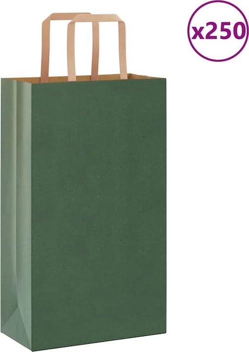 Produktbild VidaXL Kraftpapiertüten 250 Stk. mit Henkel Grün 21x11x36 cm Papiertüte (Geschenktüte, 250 x)