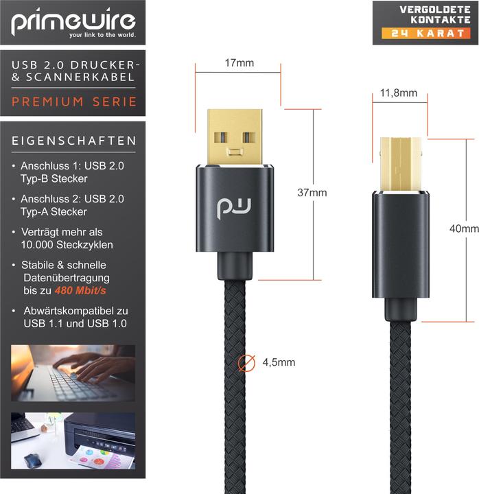 Image du produit Primewire Câble USB 2.0, câble d'imprimante type A vers connecteur type B, câble de scanner avec gaine en (1 m, USB 2.0)