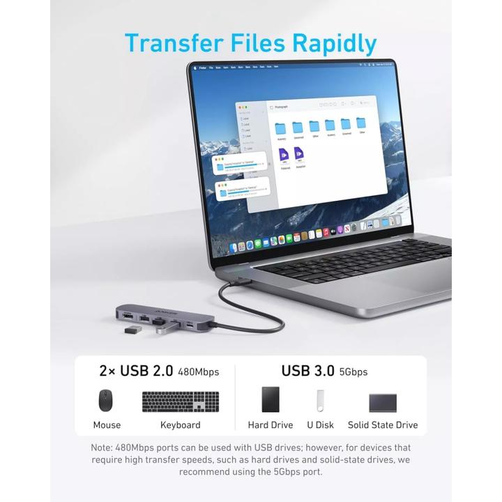 Actual product image Anker USB-C hub, 2 x USB-A - 1 x USB-A 3.0 - 1 x USB-C - 1 x HDMI, grey (USB-C, 5 ports)