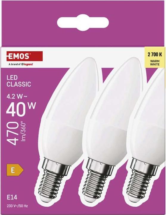 Image du produit Emos Lampe LED Classic Candle / E14 / 4,2 W (40 W) / 470 lm / Blanc chaud (E14, 470 lm, 3 x)