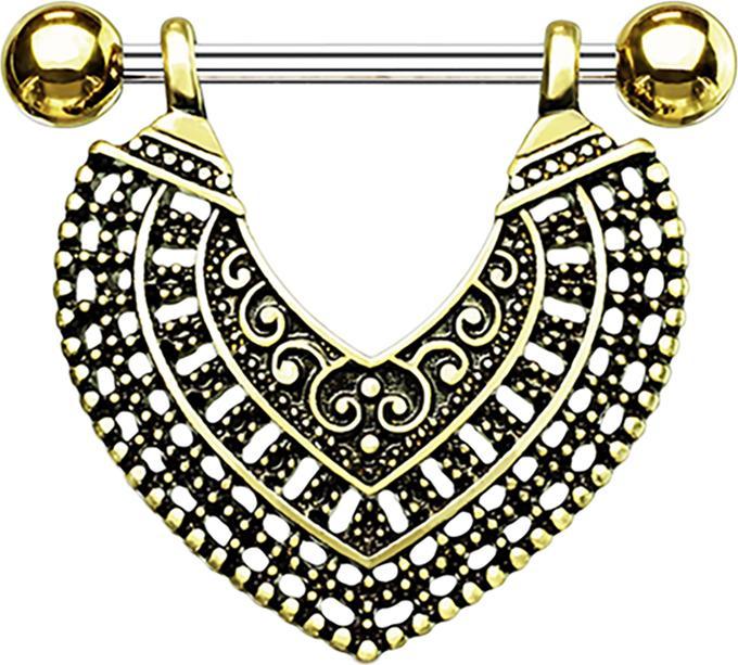 Produktbild Star Piercing Barbell silber mit zwei Kugeln 14k vergoldet Vintage Herz (Chirurgenstahl 316L, Messing)