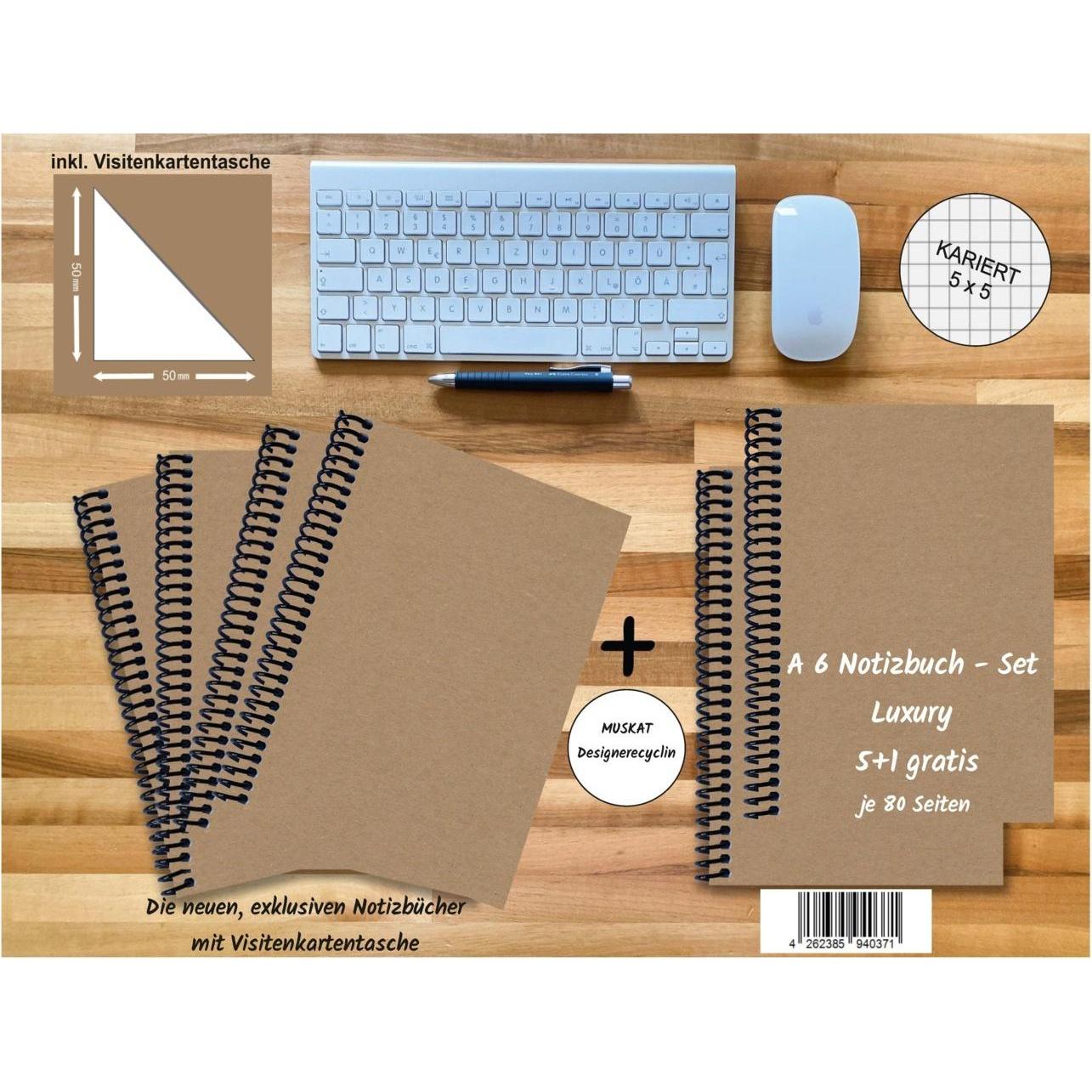 Thumbnail - E & Z, Heft + Block, A 6 Notizbuch - Set, 4+2 gratis, Luxury 80 Seiten MUSKAT Designerecycling, kariert 5x5mm (A6, Karie...