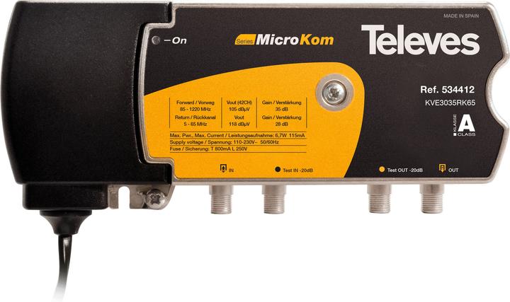 Actual product image Televes KVE3035RK65 BK amplifier 30/35dB w.RK 5-65MHz 28dB
