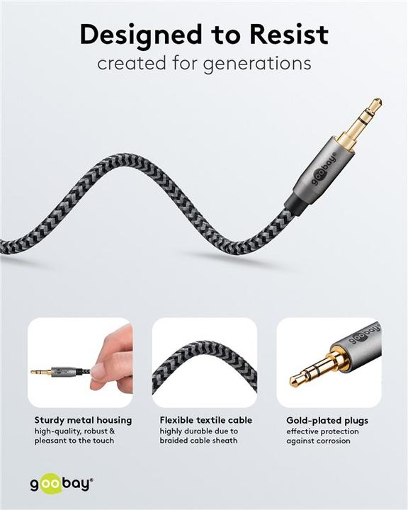 Actual product image Goobay Audio connection cable AUX, 3.5 mm stereo, 0.5 m, Sharkskin Grey (0.50 m, 3.5mm jack (AUX))