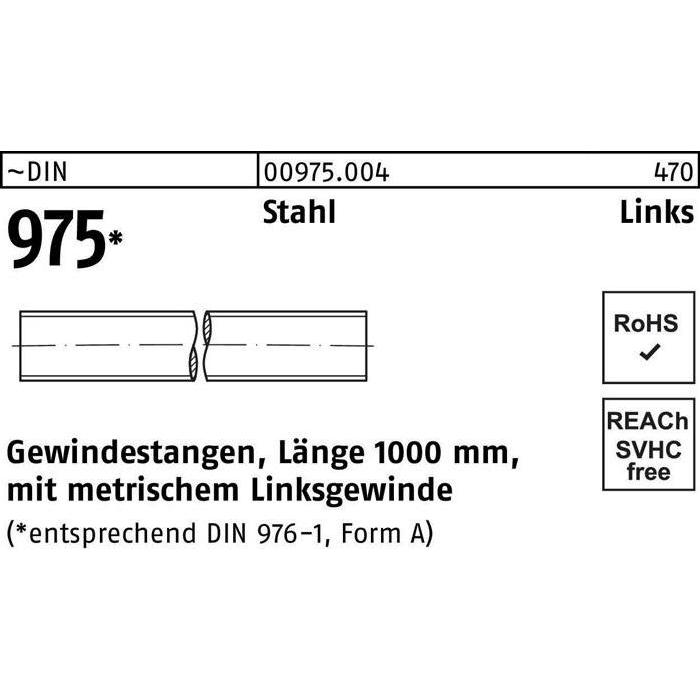 Zubehör Befestigungstechnik, Gewindestange DIN 975 links M 16 -LH x 1000mm Stahl