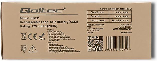 Image du produit Qoltec 53031 AGM battery| 12V| 9Ah| max 135A - Batterie - 9.000 mAh (12 V, 9 Ah)