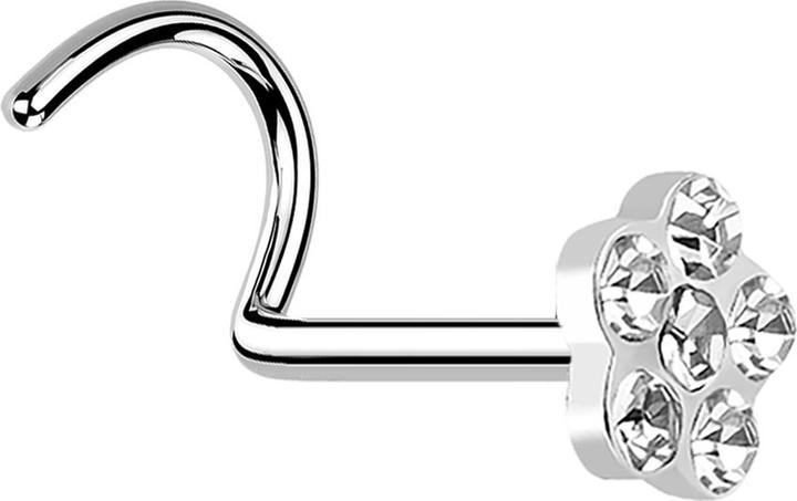 Produktbild Star Piercing Nasenstecker gebogen silber mit Blume und 5 Kristalle silber (ohne Messing, Chirurgenstahl 316L)
