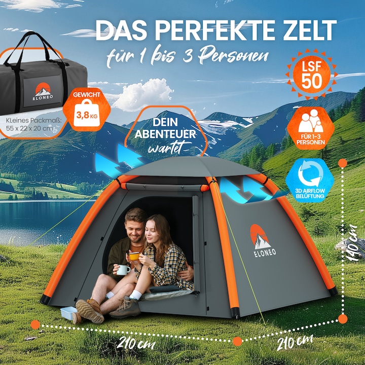 Image du produit Eloneo Aufblasbares Zelt mit Vordach & Luftpumpe, Camping Zelt wasserdicht, Luftzelt Ultraleicht (Tente gonflable, 6.50 kg, 4 personnes)