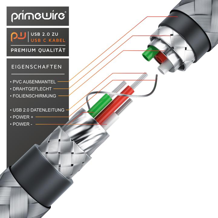Produktbild Primewire USB-C 3.1 Kabel - Typ C zu Typ A Datenkabel, Ladekabel - Nylonmantel - bidirektional - Geschirmt (2 m, USB 3.1)