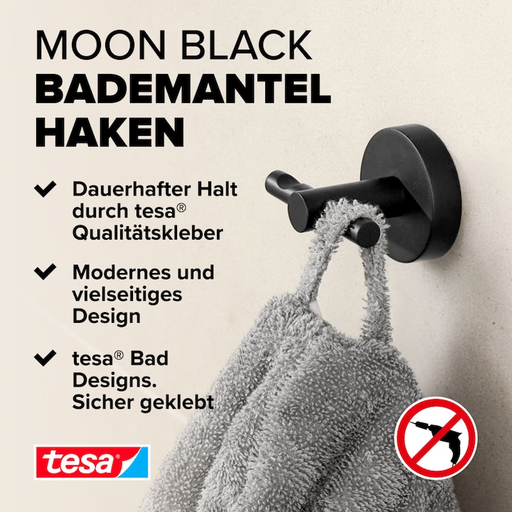 Image du produit tesa MOON BLACK Mantelhaken inkl. Klebelösung ohne Bohren