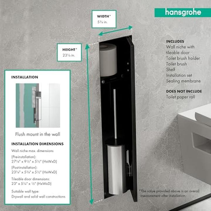 Productafbeelding hansgrohe XtraStoris Rock Toilettenbürstenhalter, mit Ablage, befliesbare Tür, rahmenlos, 145x140x