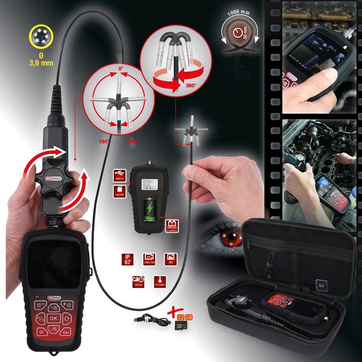 Produktbild KS Tools HD-Videoskop-Satz mit Ø 3,9 mm 180° und 0° HD Frontkamera-Sonde, flexible PVC Hülle, 3-tlg