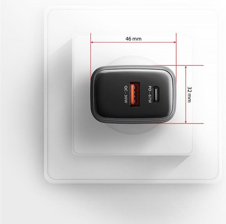 Produktbild Axagon ACU-PQ67D, GaN nabíječka do sítě 67W, výstup USB-A + USB-C, PD3.0/PPS/QC4+/SFC2.0/Apple, LCD (67 W, 2 Ports)