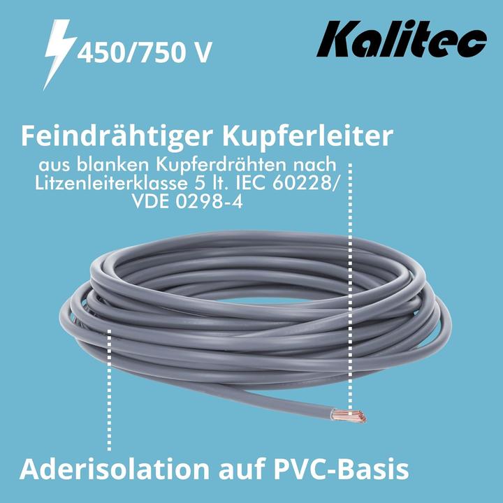Produktbild Kalitec 10 Meter H07V-K 1,5 mm² grau Verdrahtungsleitung I Aderleitung flexibel I PVC Einzelader I L (10 m)
