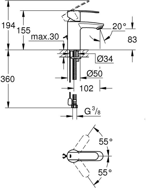 Image du produit Grohe Wave Cosmopolitan, mélangeur de lavabo, économie d'eau, chaîne rétractable, système de montage