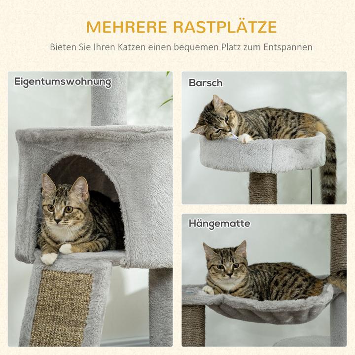Produktbild PawHut Kratzbaum mit Katzenhöhle (113 cm, Grau, Hellgrau)