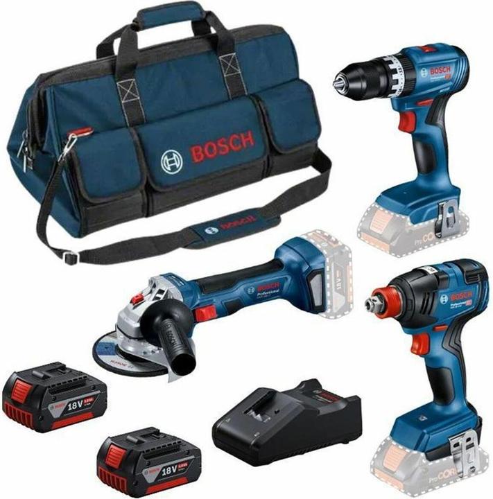 Bosch Professional Combo kit set with 3 18V tools: GSB 18V-45, GDX 18V-200, GWS 18V-7, 2x 5.0Ah