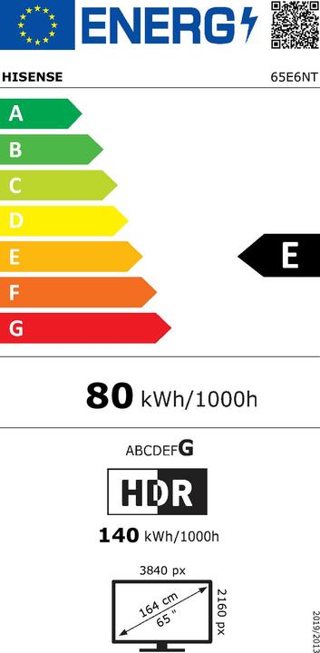Label énergétique Hisense TV 65E6NT (164 cm (65 Zoll), schwarz, UltraHD/4K, HDR, Triple Tuner) (65", QN93D, LED, DHU)