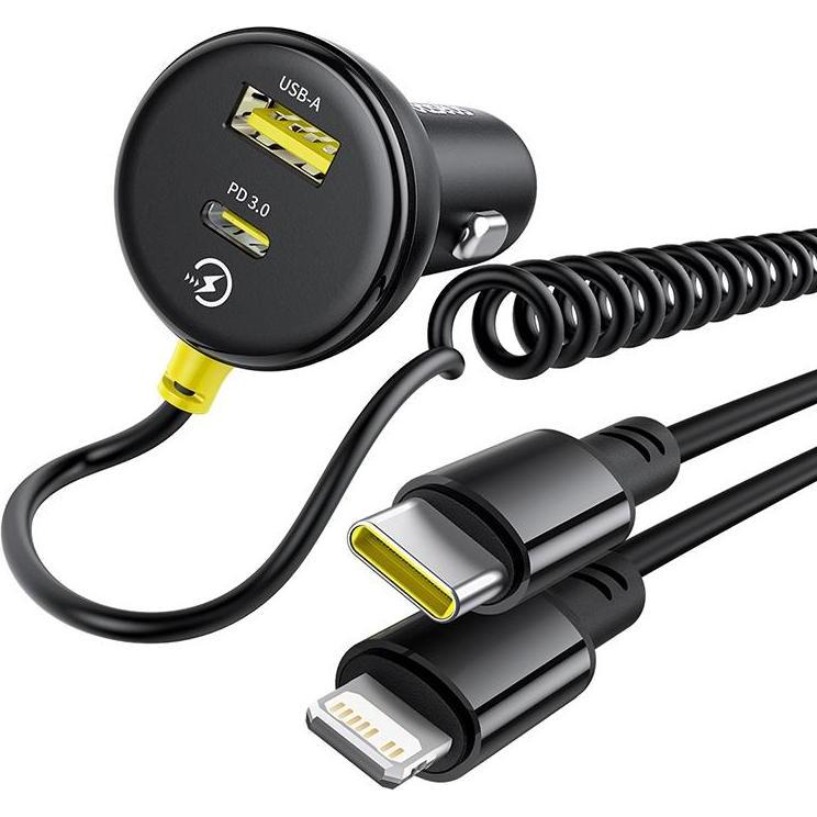Thumbnail - Baseus Kreisförmiges Kunststoff-Autoladegerät (U+C) + (C&L) Kabel 60W Cosmic Black, Auto Adapter, Schwarz