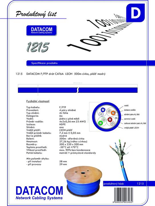 Image du produit Datacom F/FTP drÃ?t CAT6A Eca LSOH cÃvka modrÃ½ (F/FTP, CAT6a, 500 m)