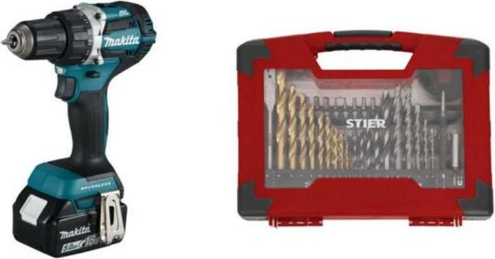 Promat Makita Akku-Bohrschrauber DDF484RTJ 18V / 5Ah mit 100-teiligem Zubehör-Set (Bohrschrauber)
