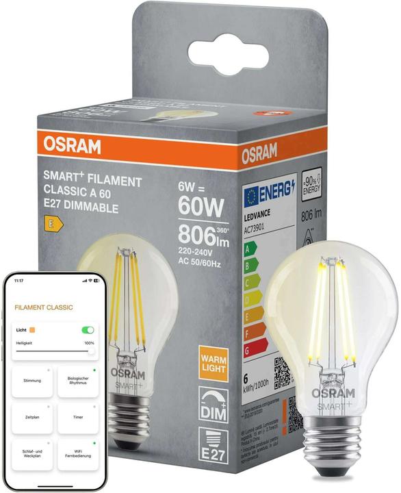 Produktbild Osram SMART+ MATTER FILAMENT CLASSIC shapes DIMMABLE 6W 827 FILAMENT DIM E27 (E27, 806 lm, 4x)