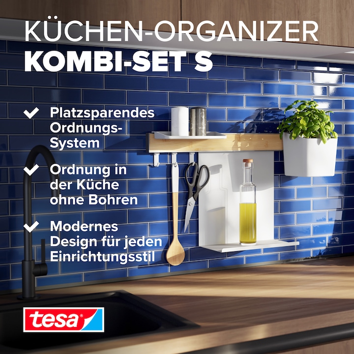Produktbild tesa Küchenorganizer Kombi-Set S zum Kleben, Montage ohne Bohren
