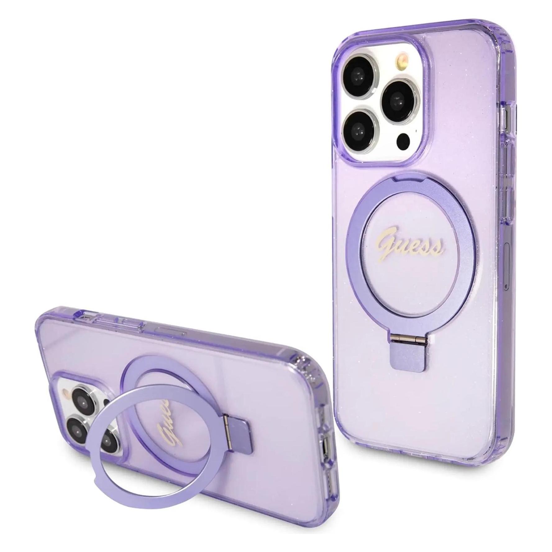 Guess GUHMP14LHRSGSU IPhone 14 Pro 6.1" Fioletowy/purple Hardcase Ring Stand Script Glitter MagSafe (Apple IPhone 14 Pro), Smartphone Hülle, Violett