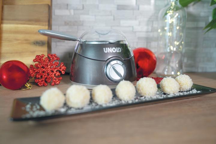 Produktbild Unold Chocolatier Weihnachtsedition 48967 (braun/silber, 25 Watt, 12 weihnachtliche Förmchen) (Schokoladenfondue)