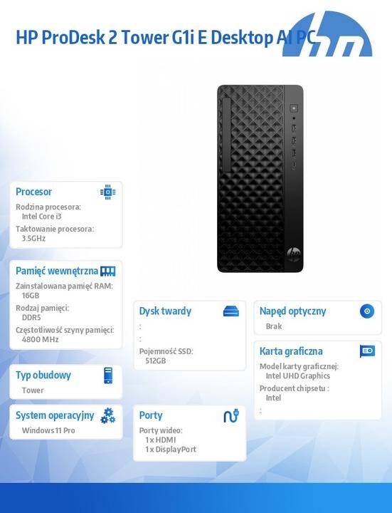 Produktbild HP ProDesk 2 Tower G1i E Desktop PC (512 GB, 16 GB, Intel Core i3-14100)