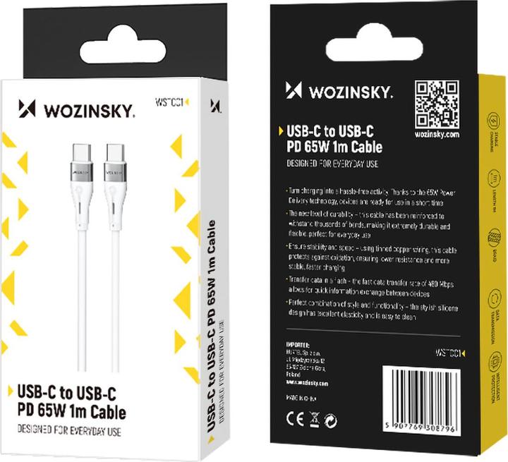 Image du produit Wozinsky Câble WSTCC1 USB-C / USB-C PD 65W de 1 m de long - blanc (1 m, USB 2.0, 65 W)