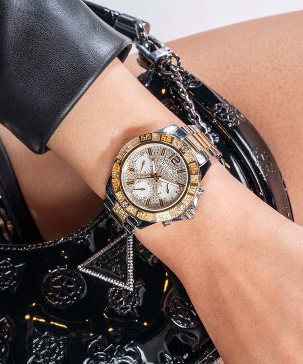 Produktbild Guess P SLV CS W/ P GLD TOP PART W/ CRYS / SUN WHT GLITZ MF DL / P SLV & GLD BRCT Armbanduhr (Uhr mit Schmuckstein, Analoguhr, 40 mm)