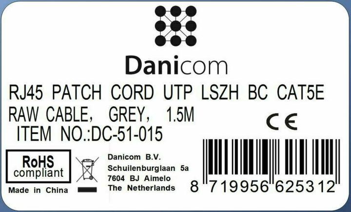 Produktbild Dsit CAT5e Netzwerkkabel, U/UTP, 1.50 meter, Grau, 100% Kupfer (U/UTP, CAT5e, 1.50 m)
