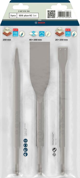 Immagine prodotto Bosch Professional Zubehör Set di scalpelli da 3 pezzi, SDS plus, 0/20/40 mm (40 mm)