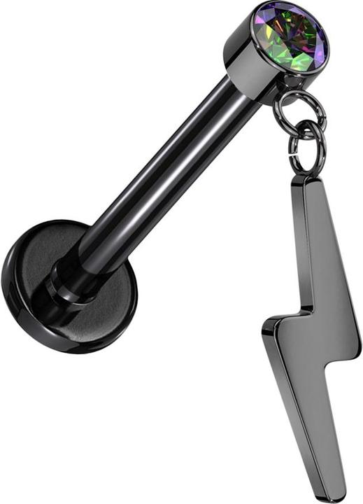 Produktbild Star Piercing Micro Threadless Labret schwarz Zylinder schwarz Kristall dunkel multicolor Anhänger Blitz schwarz (ohne Messing, Titan)