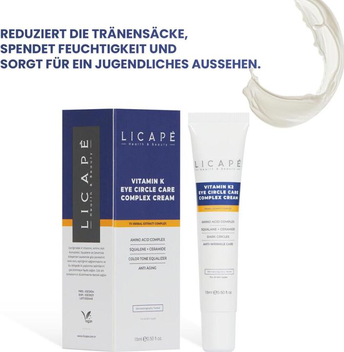 Produktbild Licape | Augencreme 15 ml | Feuchtigkeitspflege für strahlende Haut, Vitamin K2 (Augenpflege Crème, 15 ml, Tag + Nacht)