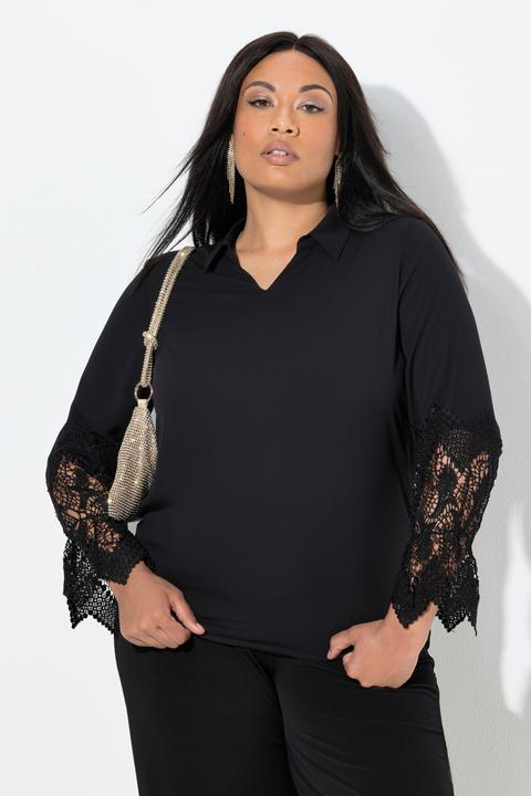 Produktbild Ulla Popken Bluse, Spitze, Hemdkragen, V-Ausschnitt, Langarm, Krepp (42, 44)