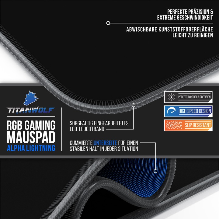 Produktbild Titanwolf RGB Gaming Mauspad, Mausmatte 900 x 400 mm, verbessert Präzision & Geschwindigkeit, schwarz (XXL)