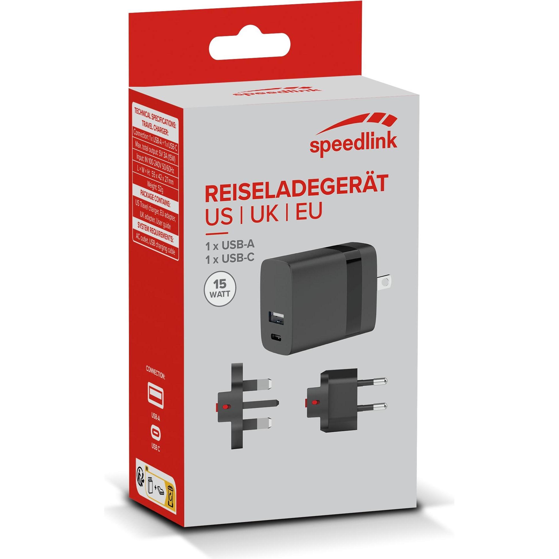 Thumbnail - Speedlink Travel Charger USB-A & USB-C 15W for US-UK-EU, black (15 W), USB Ladegerät, Schwarz