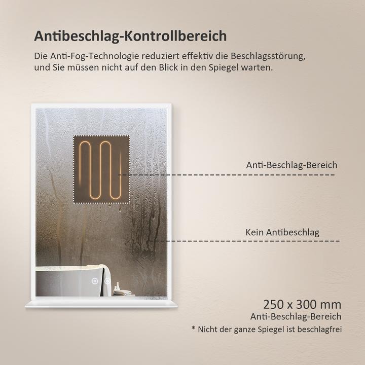 Actual product image Emke Bathroom Mirror With Lighting 60*80cm, Fog-Free, Cool-White6500Kund Dimmable, Glass Shelf (70 x 50 cm)